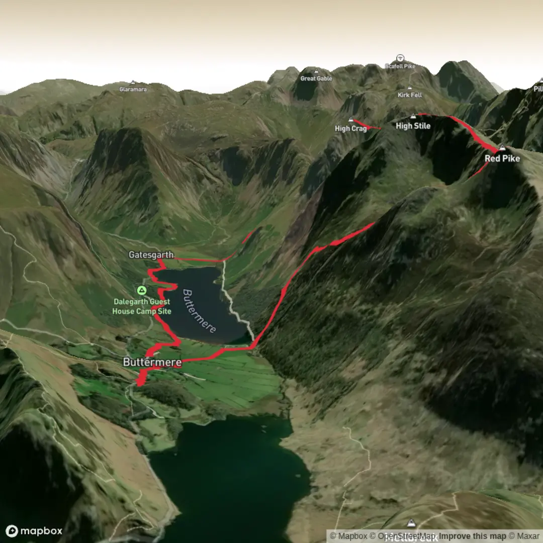 An image depicting the trail Buttermere top Loop and its surrounding area.