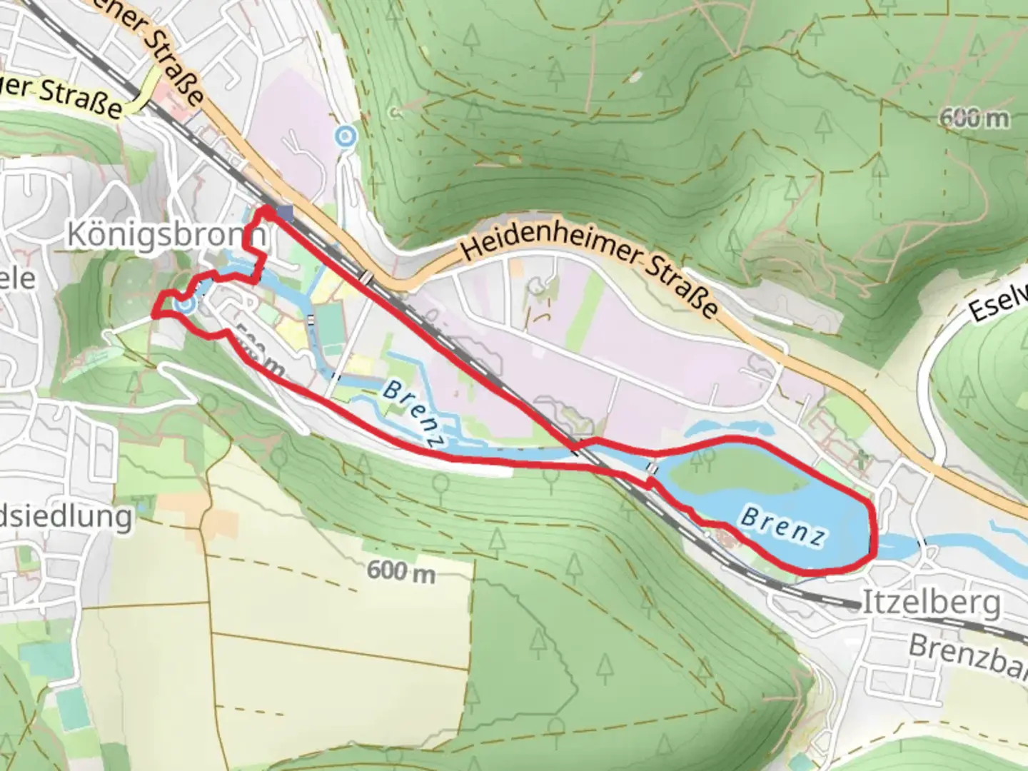 An image depicting the trail Itzelberger See Loop and its surrounding area.