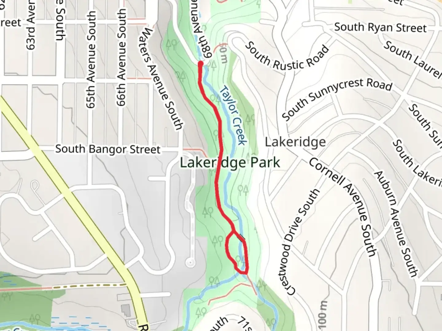 An image depicting the trail Lakeridge Park via Taylor Creek and its surrounding area.