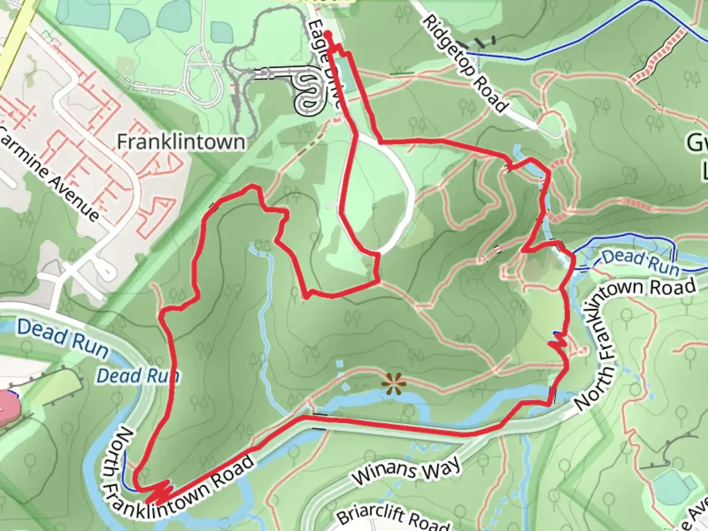 An image depicting the trail Old Franklintown, Gwynns Falls and Heide Loop Trail and its surrounding area.