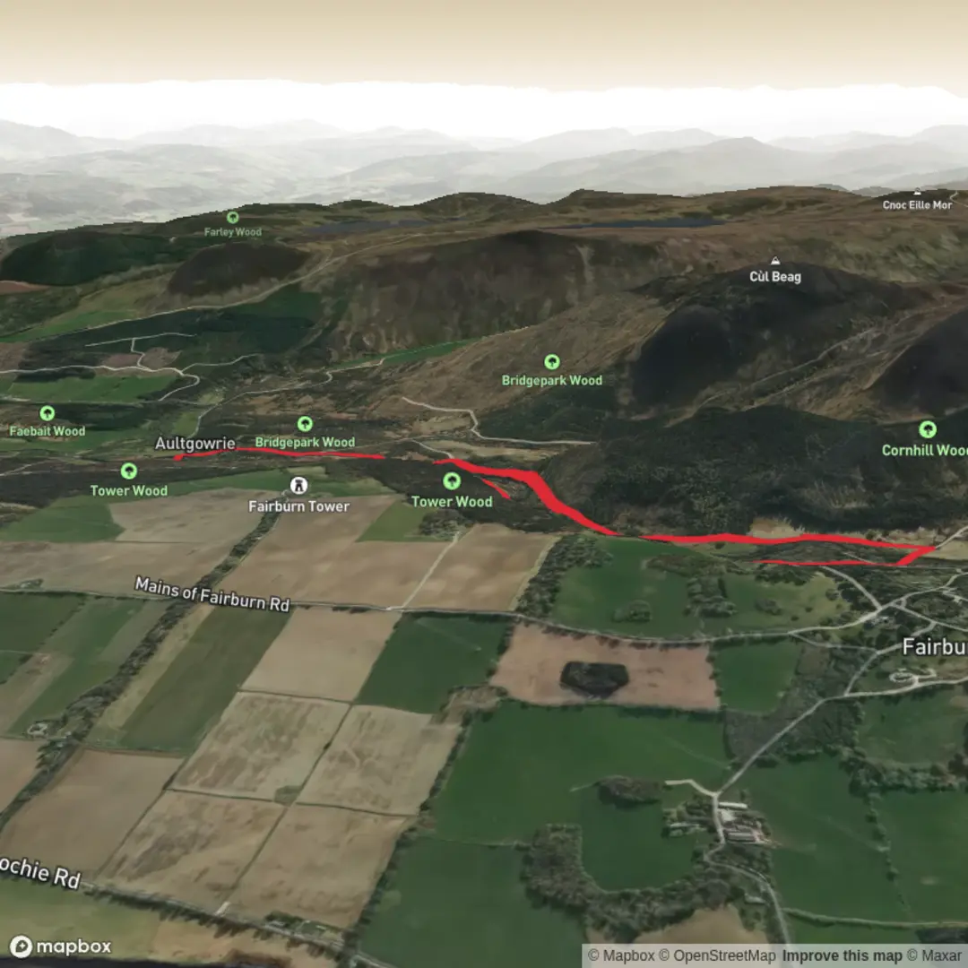 An image depicting the trail Falls of Orrin and River Orrin Loop and its surrounding area.