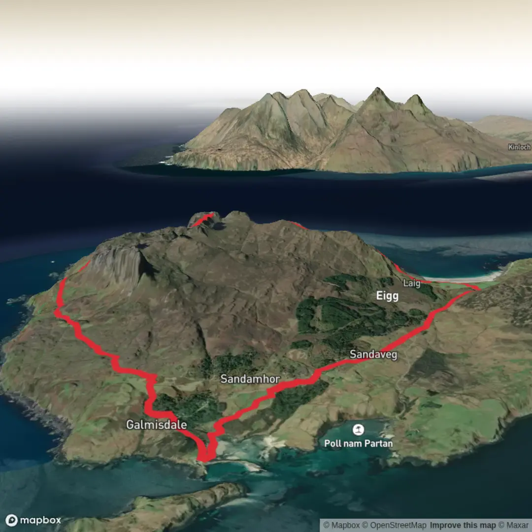 An image depicting the trail Gruin Uachdrach, Beannan Breaca, Beinn Tighe and Bay of Laig Loop and its surrounding area.
