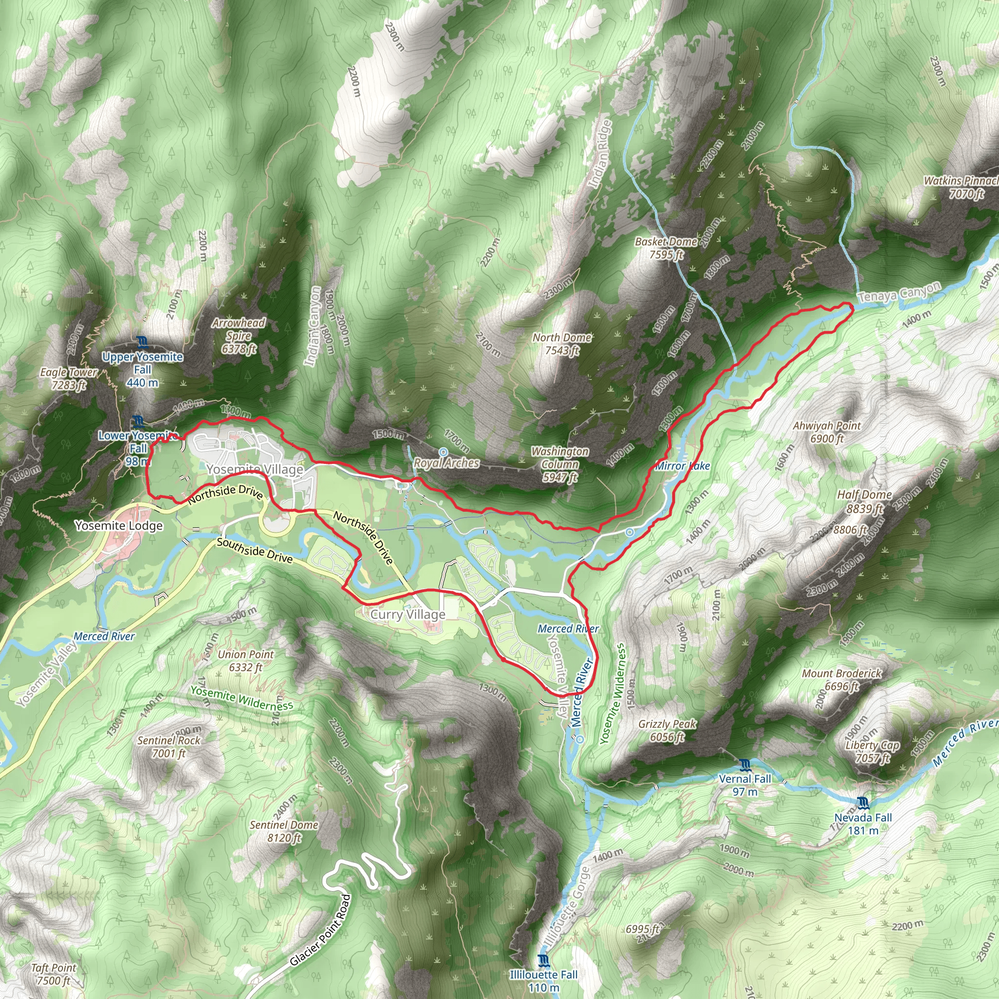Upper Mirror Lake and Yosemite Creek Loop mobile static map