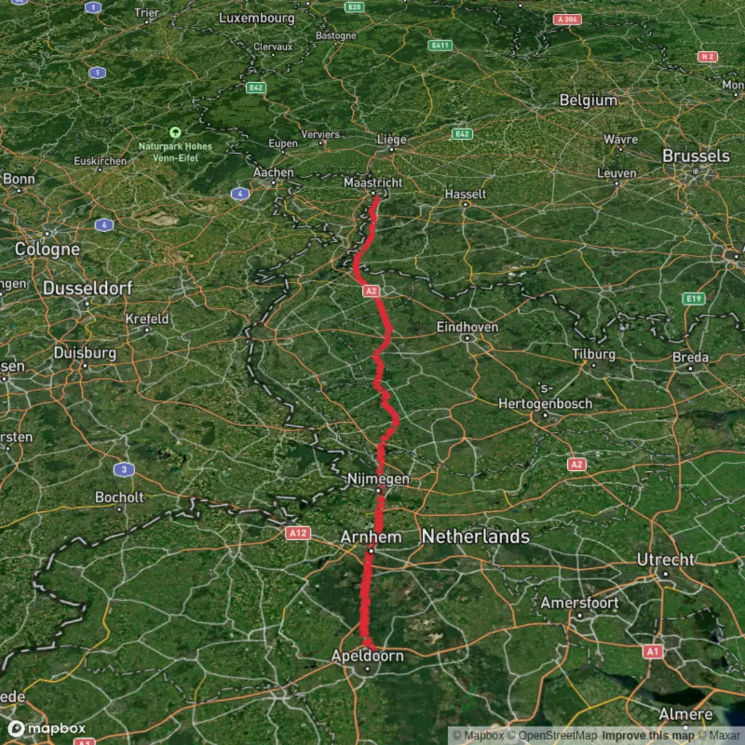 An image depicting the trail Ugchelen to Maastricht via Arnhemseweg, Apeldoornseweg and Campusbaan and its surrounding area.