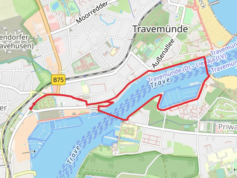 Trave via Priwallpromenade and Am Priwallhafen