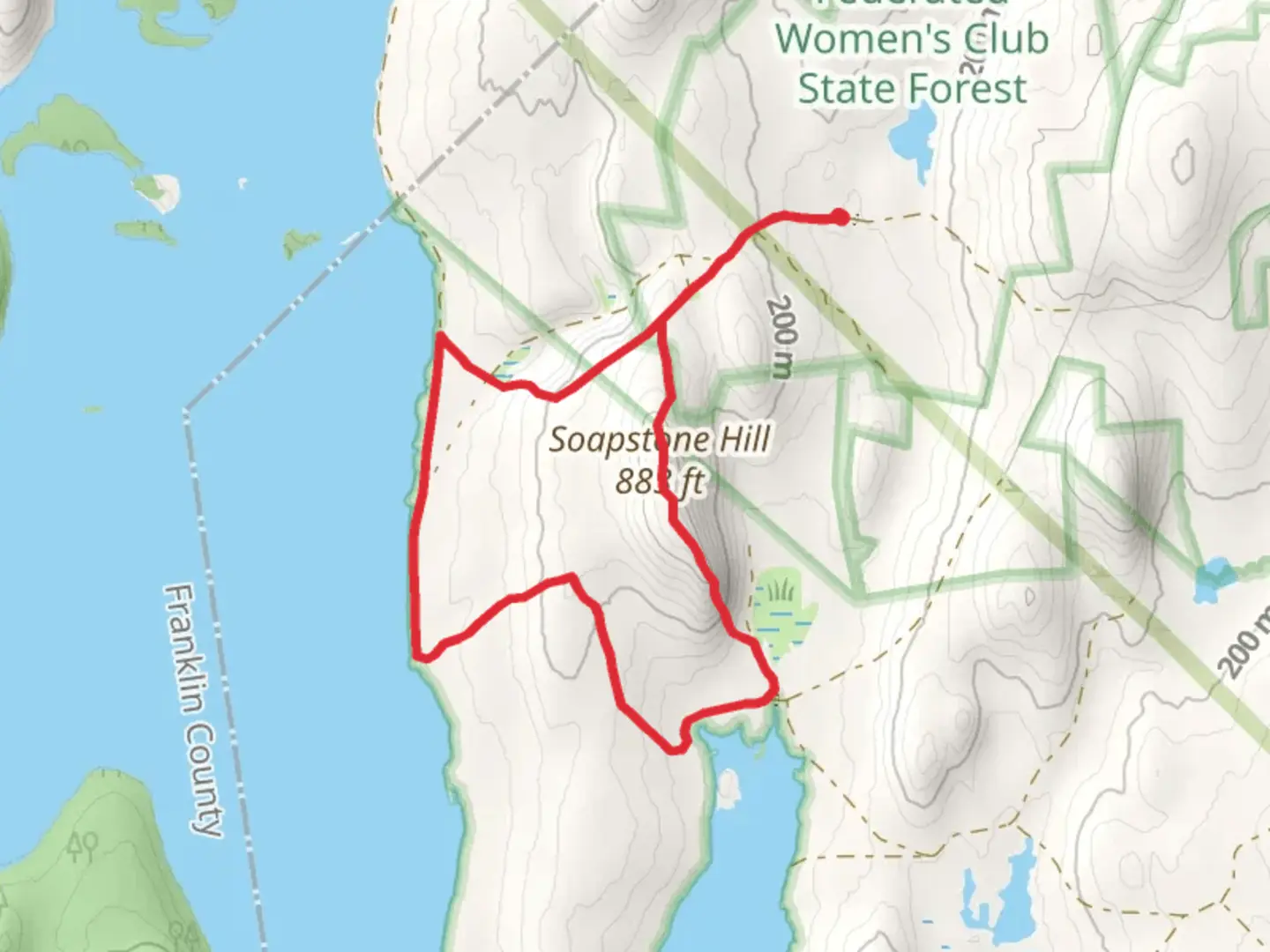 An image depicting the trail Soapstone Hill and West Branch Fever Brook Loop and its surrounding area.