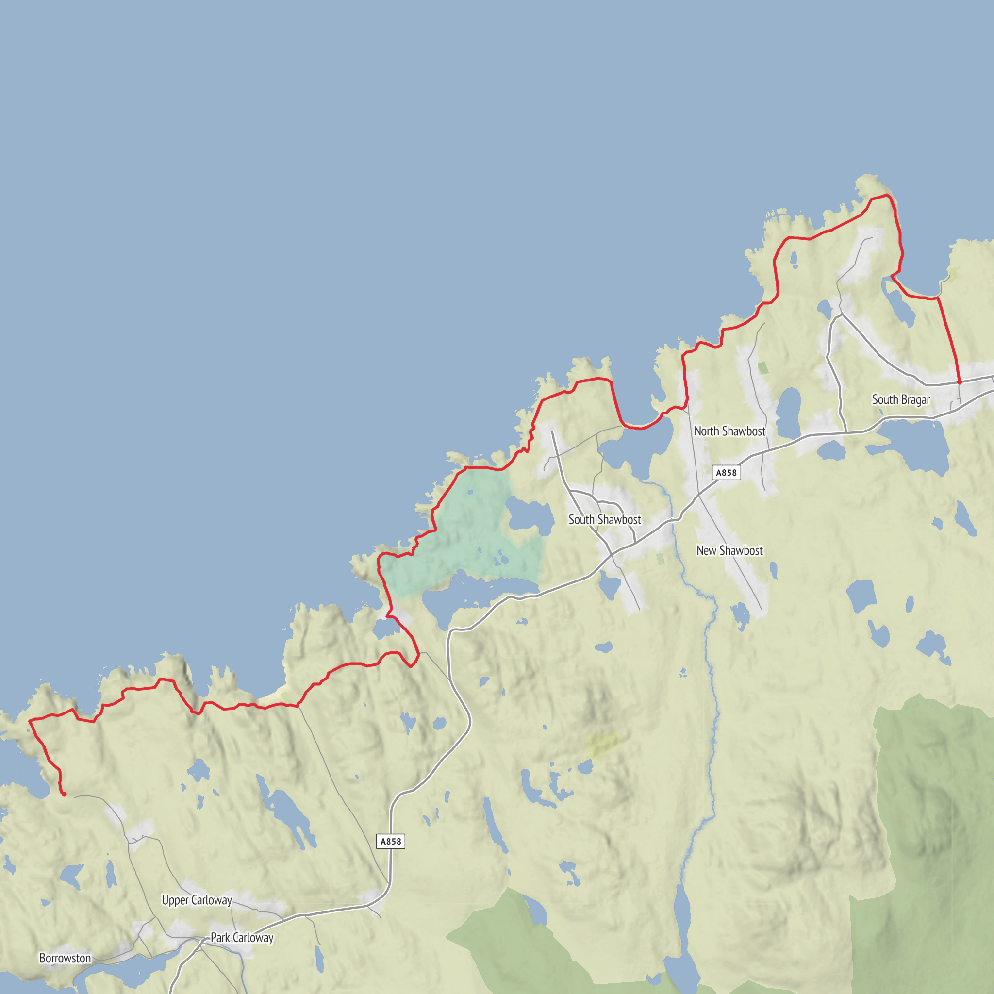 Blackhouse Village to Bragar via Bagh Dhail Mor, Aird Dalbeg, Loch Shiaboist and Port Mhor Bhragair mobile static map