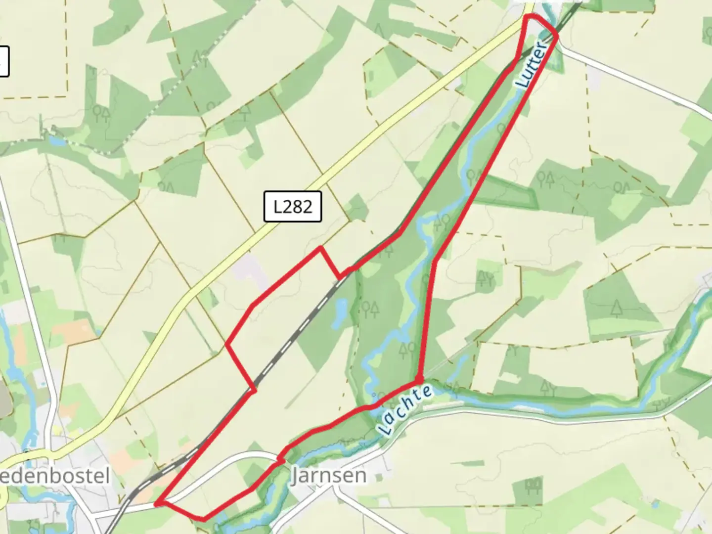 An image depicting the trail Lachte via Suedheide and Im Dorfe and its surrounding area.