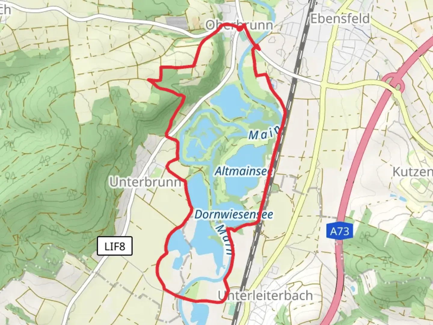 An image depicting the trail Dornwiesensee via Mainseeweg and its surrounding area.