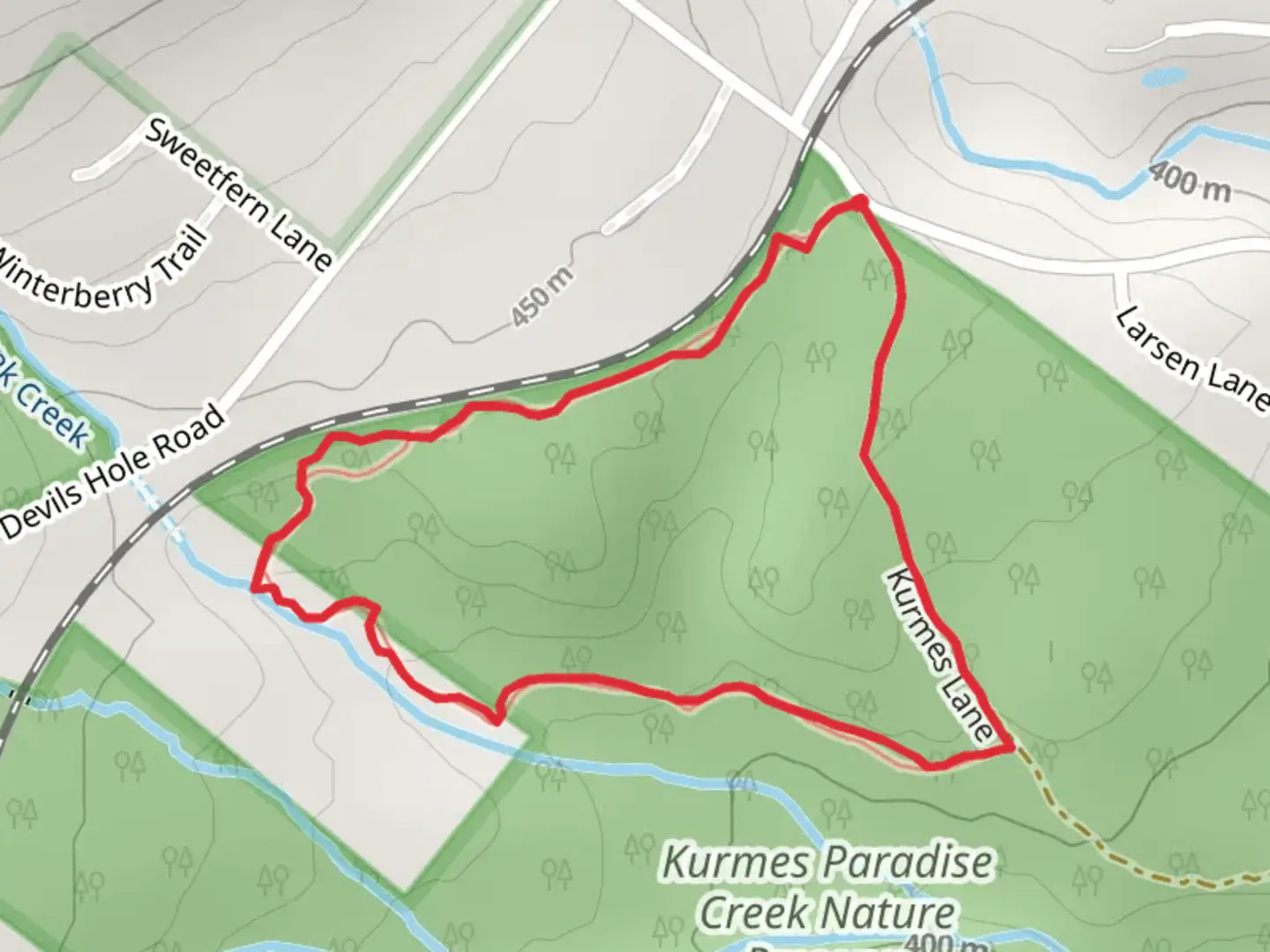 An image depicting the trail Kurmes Lane and Tank Creek Loop and its surrounding area.