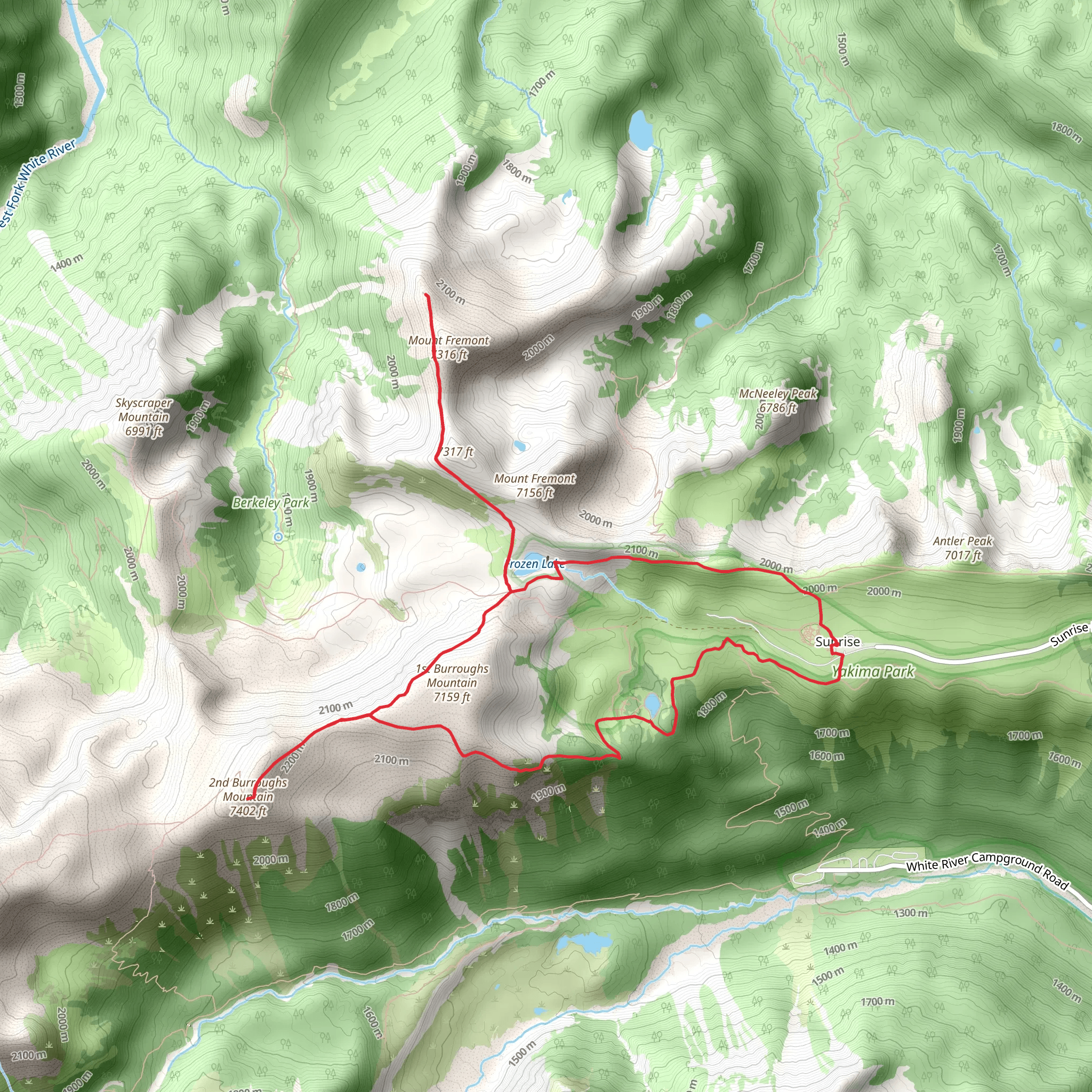 Frozen Lake, Mount Fremont and 2nd Burroughs Mountain Loop mobile static map