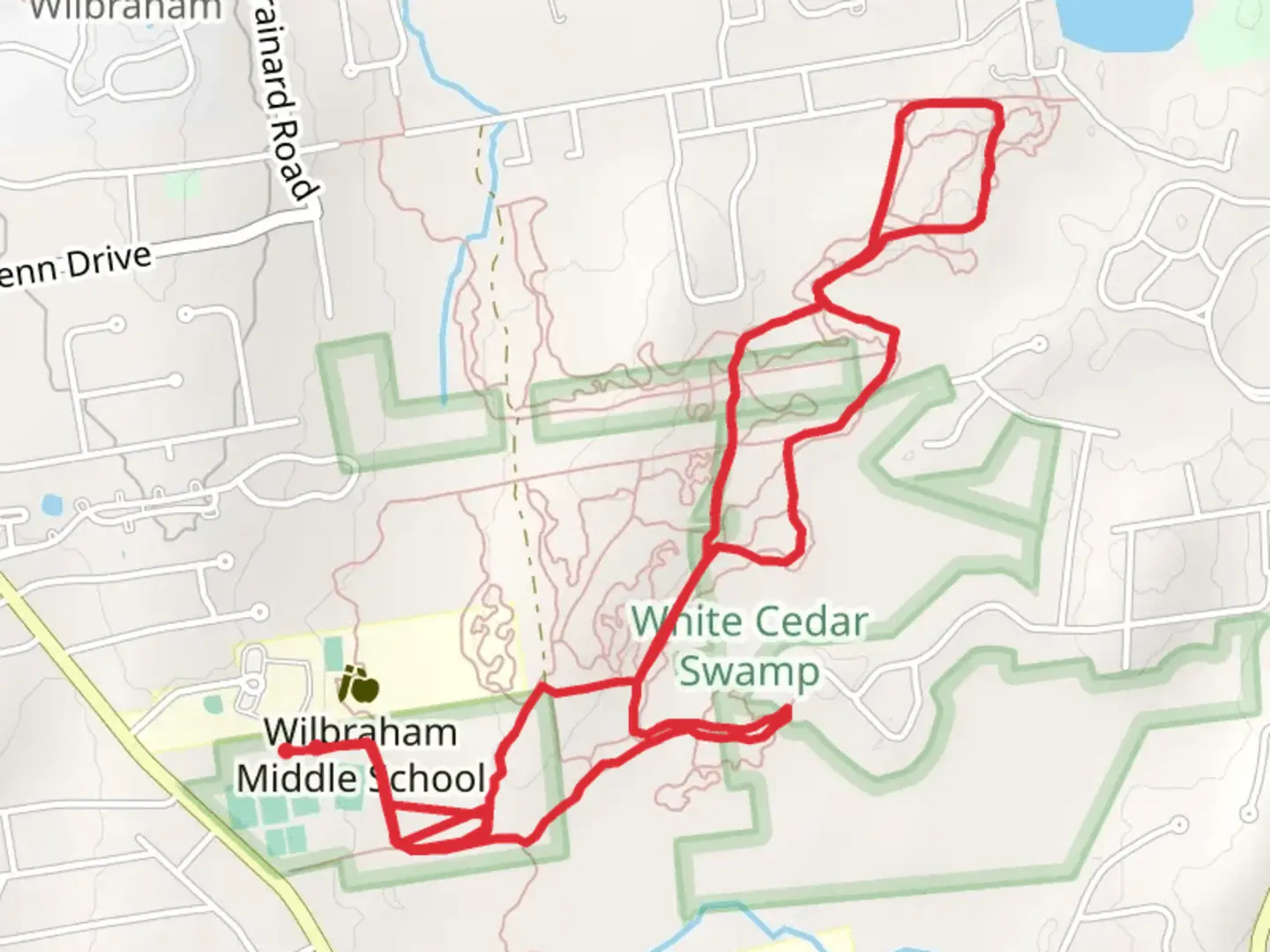 An image depicting the trail Stony Hill Loop near Ninemile Pond and its surrounding area.