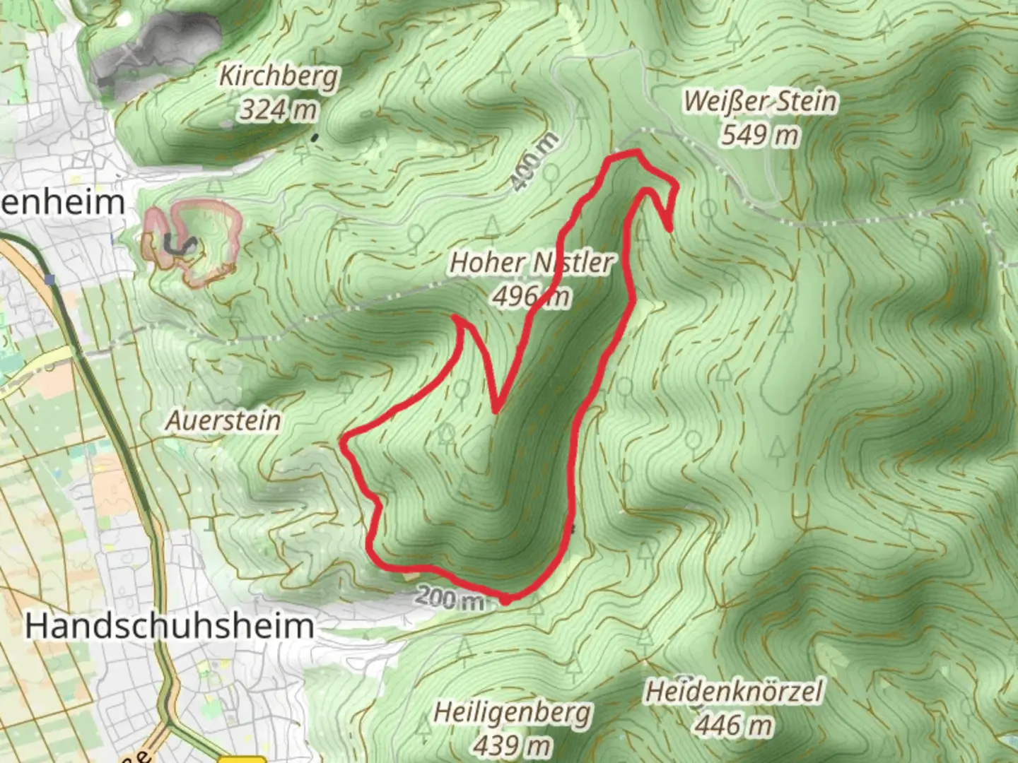 An image depicting the trail Burgensteig Bergstrasse and Unterer Jagdhausweg and its surrounding area.
