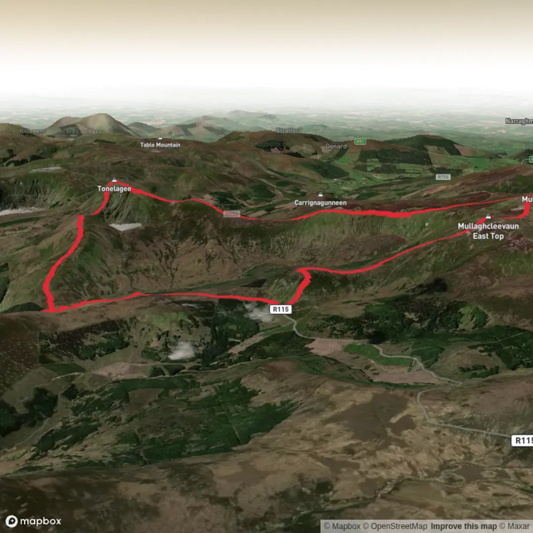 An image depicting the trail Sun Feb 8/02/26 Tonelagee-Barnacullian Mullaghcleevaun and its surrounding area.