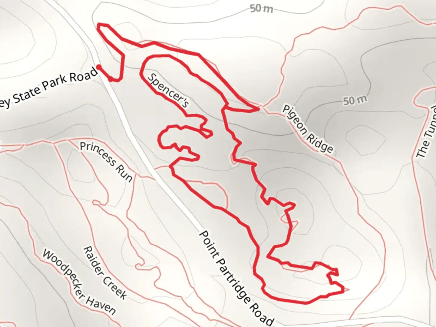 An image depicting the trail Spencer's Loop and its surrounding area.
