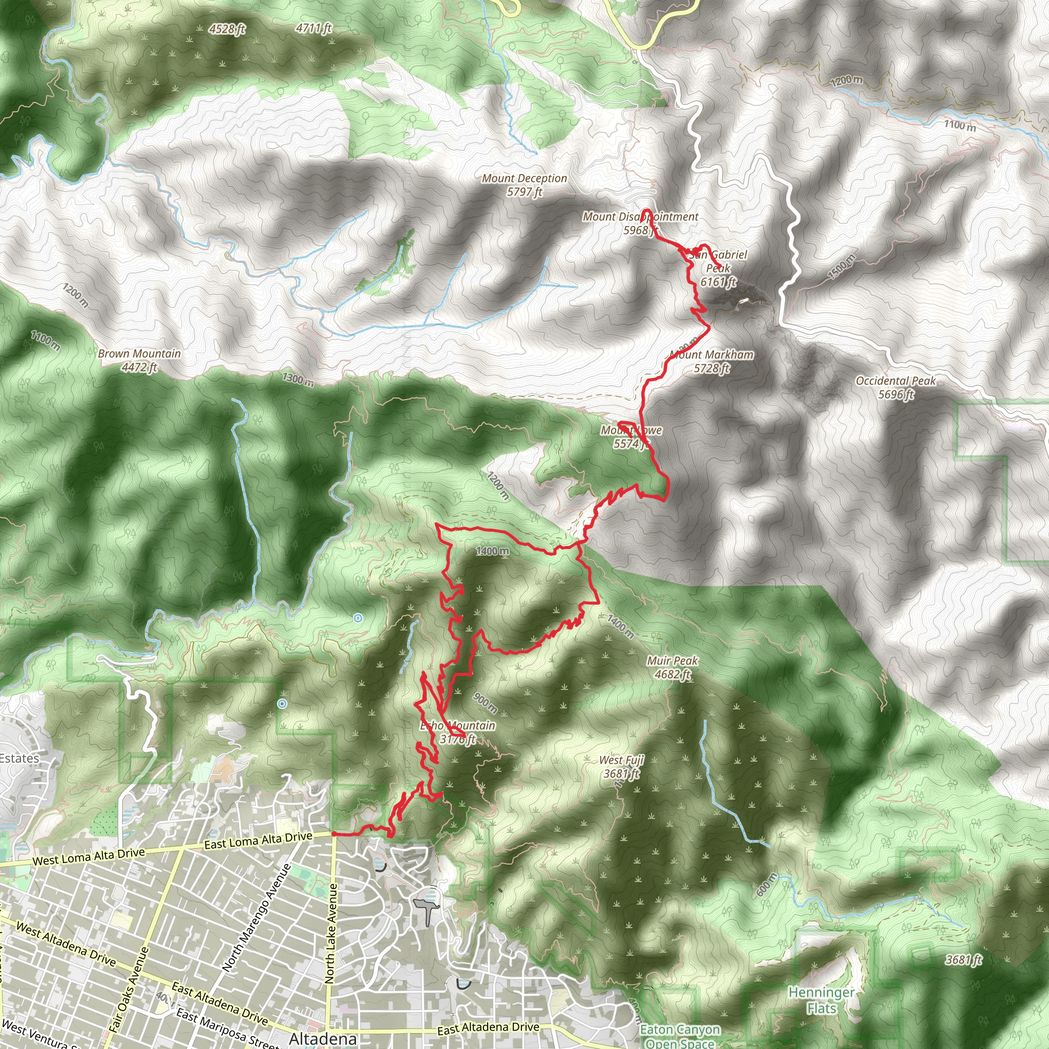 Lower Sam Merrill, Echo Mountain, Markham Saddle and San Gabriel Peak Loop Trail mobile static map