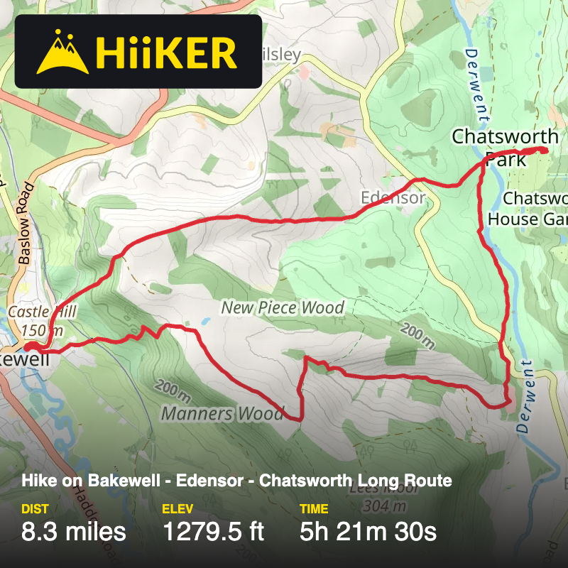 A map preview of the recording Hike on Bakewell - Edensor - Chatsworth Long Route.
