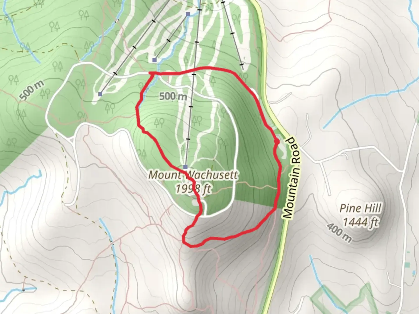 An image depicting the trail Mount Wachusett Loop from Mountain Road and its surrounding area.
