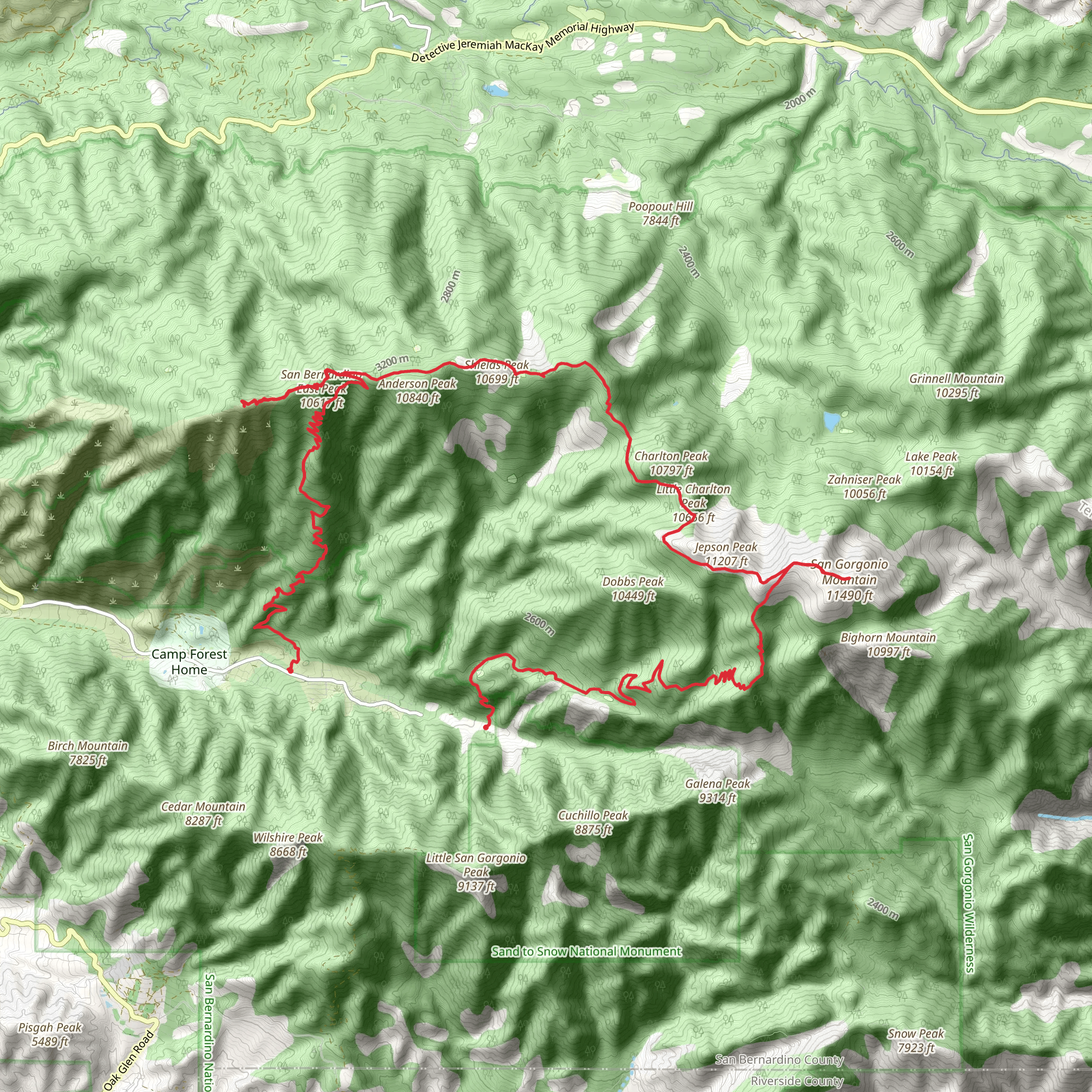 Momyer Creek, San Bernardino Peak, San Gorgonio Mountain and Vivian Creek Trail mobile static map
