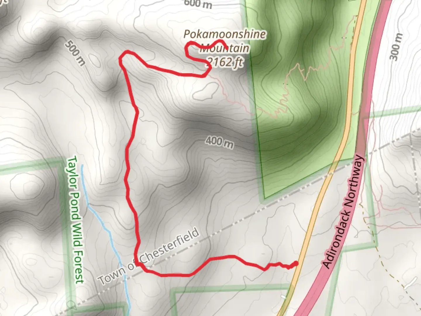An image depicting the trail PokaMoonshine Mountain via Observer's Trail and its surrounding area.