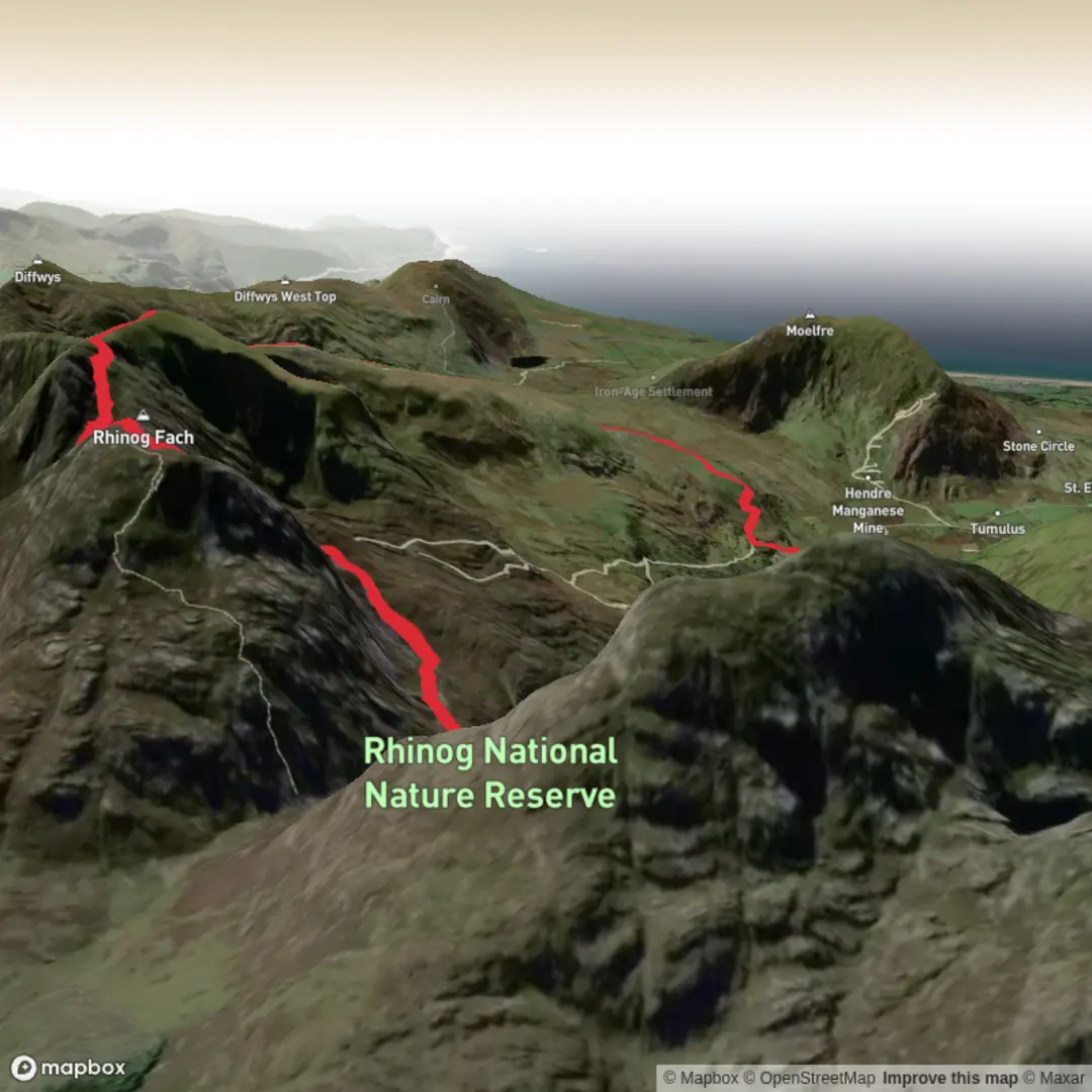 An image depicting the trail Rhinog Fach and Y Llethr (29) and its surrounding area.