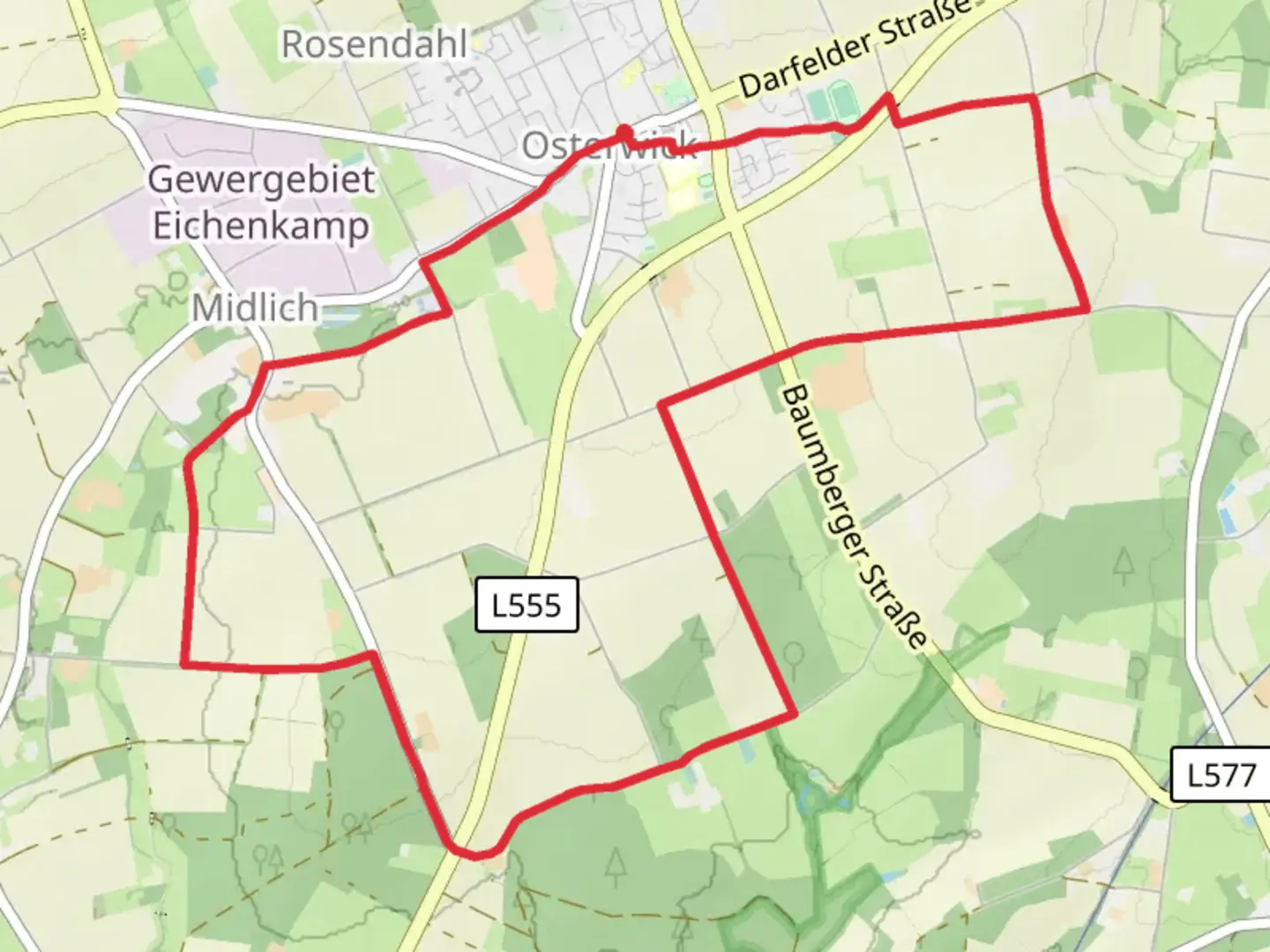 An image depicting the trail Osterwick Rundweg O1 and O3 and its surrounding area.