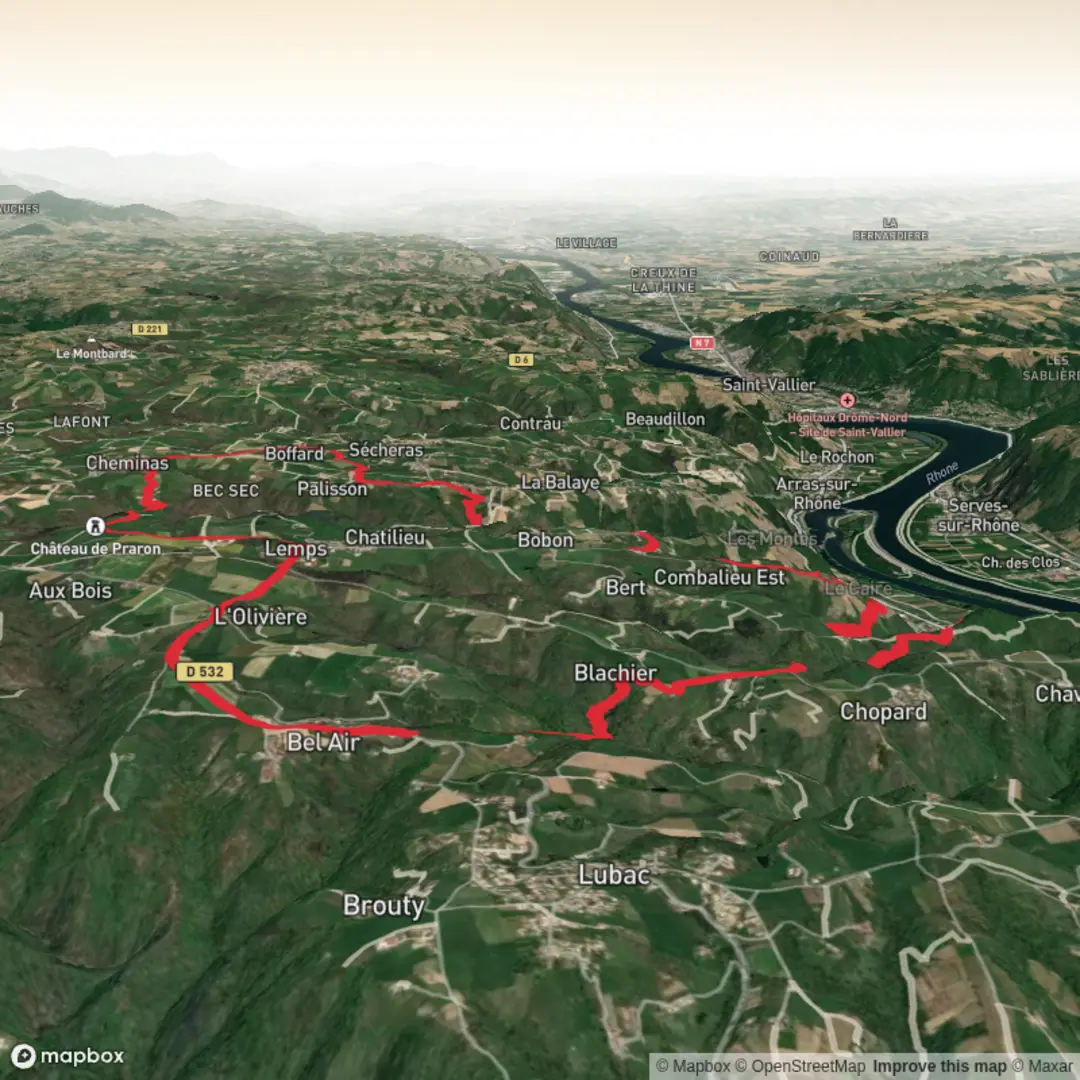 An image depicting the trail Secheras via Vion-Lemps and Cheminas and its surrounding area.
