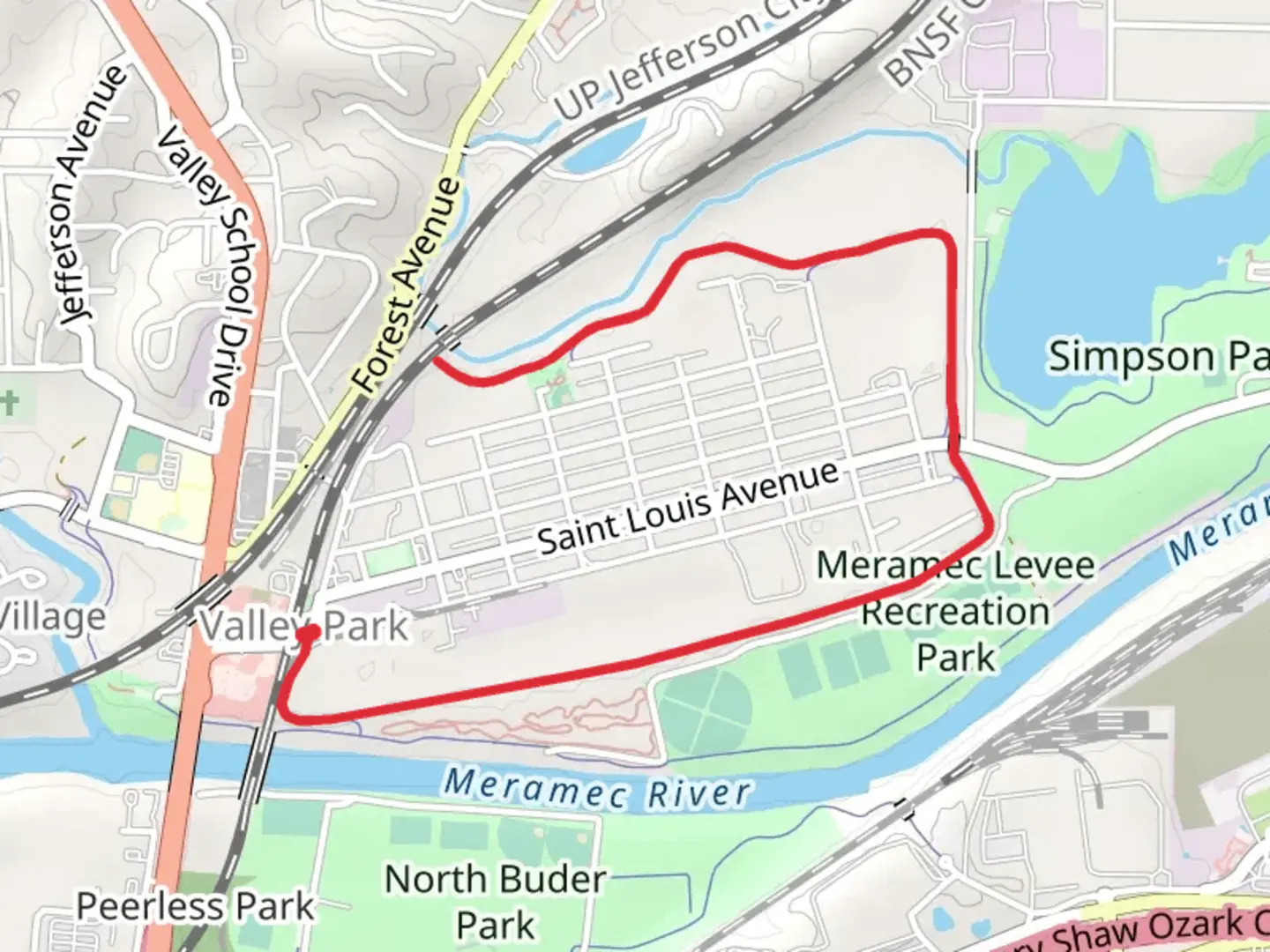 An image depicting the trail Levee Trail from Valley Park and its surrounding area.