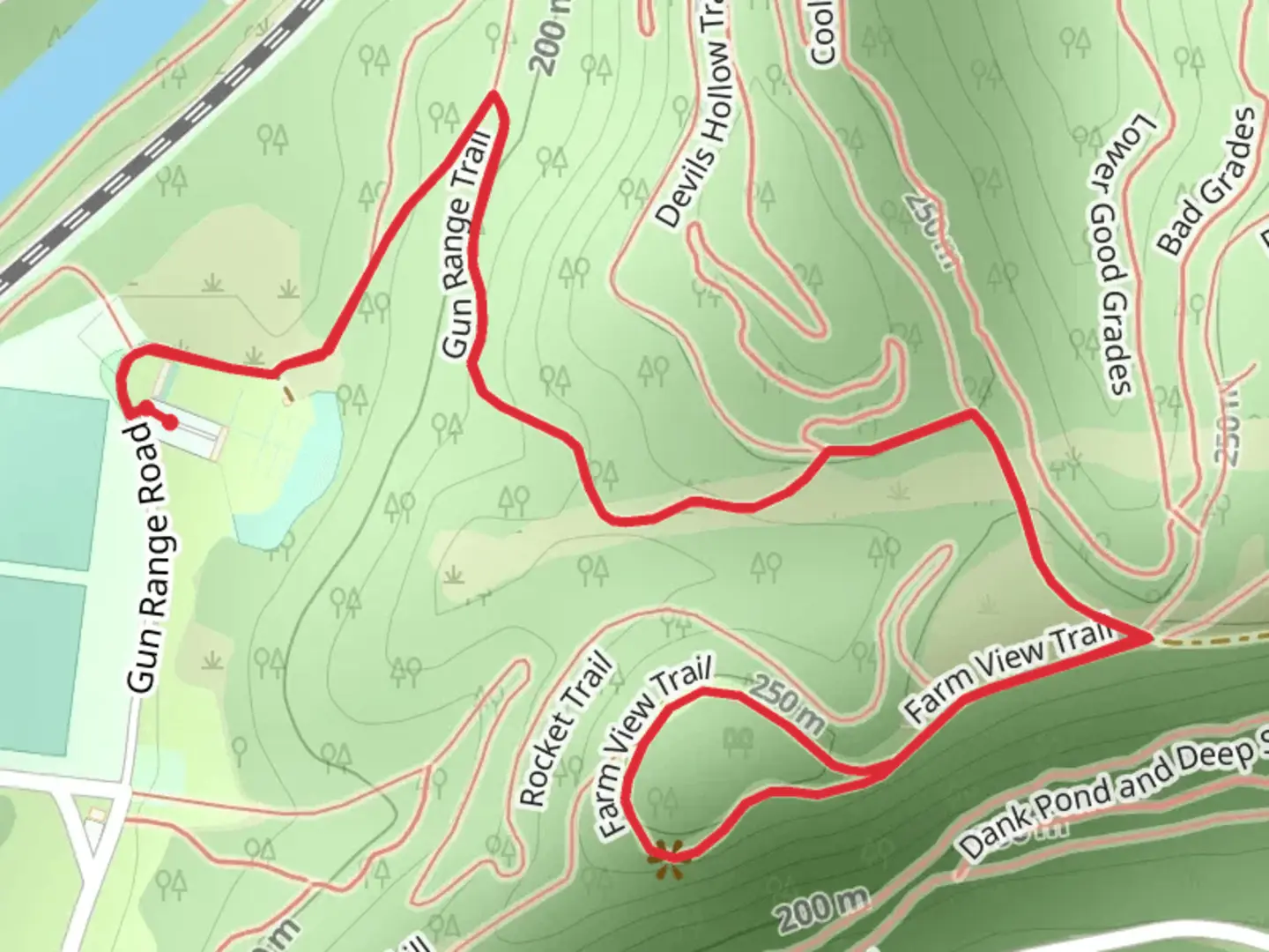 An image depicting the trail Gun Range and Farm View Trail and its surrounding area.