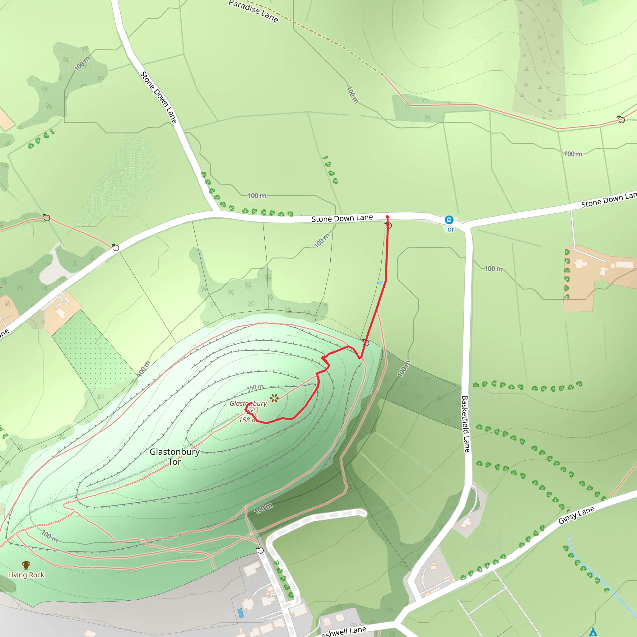 Glastonbury Tor from Stone Down Lane mobile static map