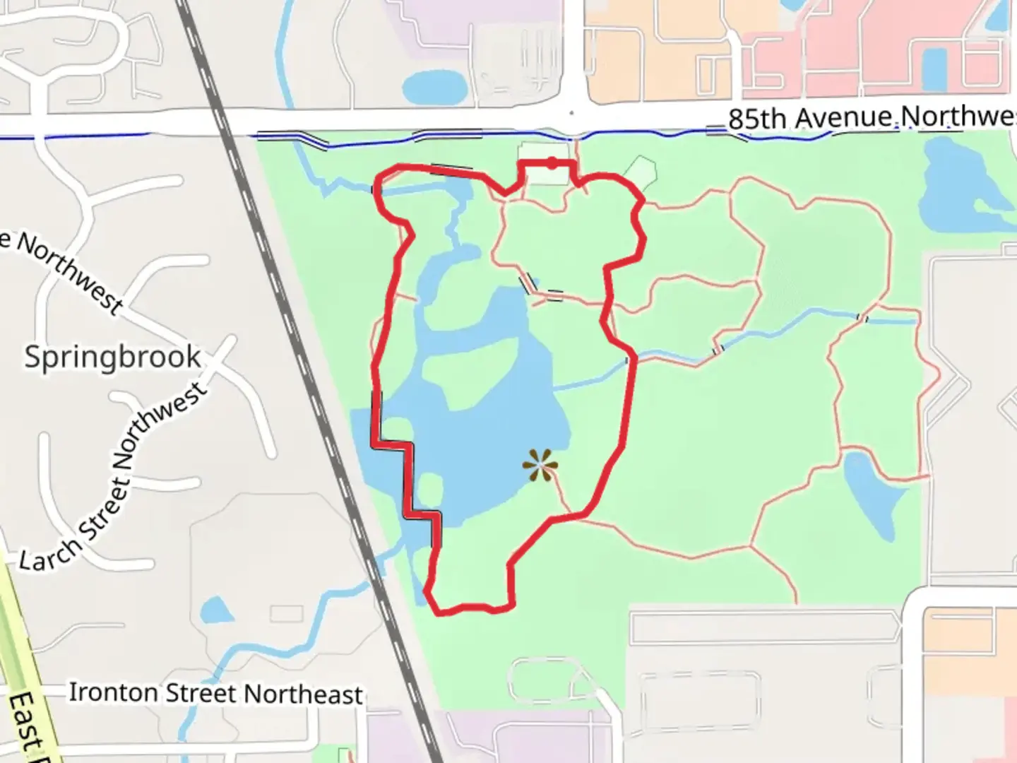 An image depicting the trail Springbrook Nature Center Loop and its surrounding area.