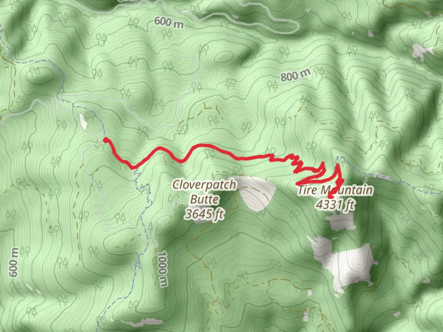 An image depicting the trail Tire Mountain Out and Back and its surrounding area.