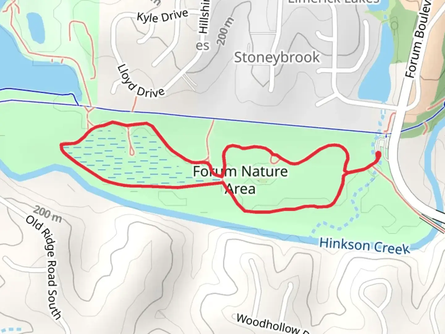 An image depicting the trail Forum Nature Area Loop and its surrounding area.