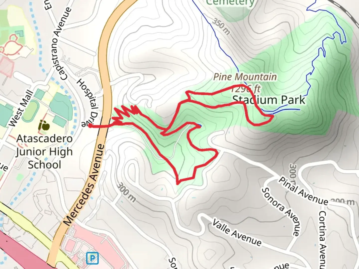 An image depicting the trail Pine Mountain and Marj Mackey Loop Trail - Stadium Park and its surrounding area.