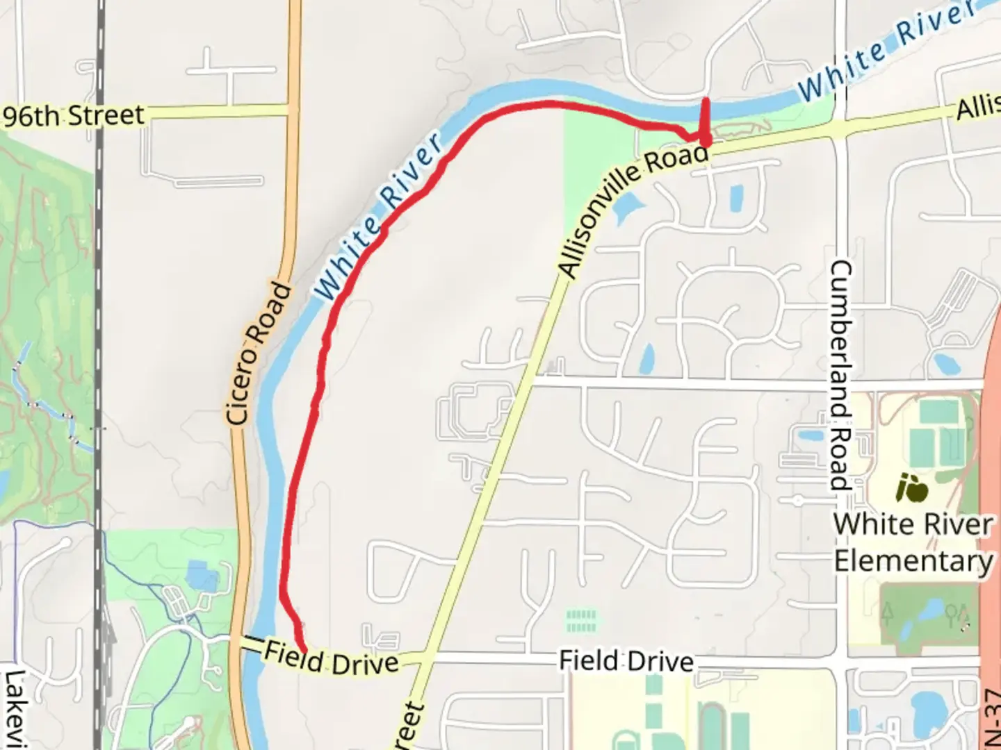 An image depicting the trail White River Shore Walk from Potters Bridge Park and its surrounding area.
