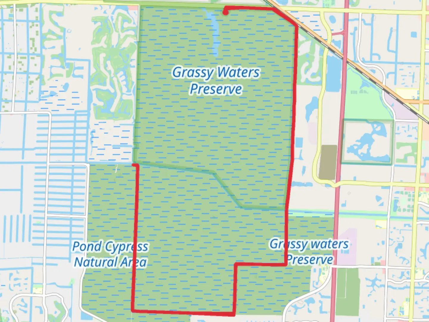 An image depicting the trail Owahee Trail - Grassy Waters Preserve and its surrounding area.