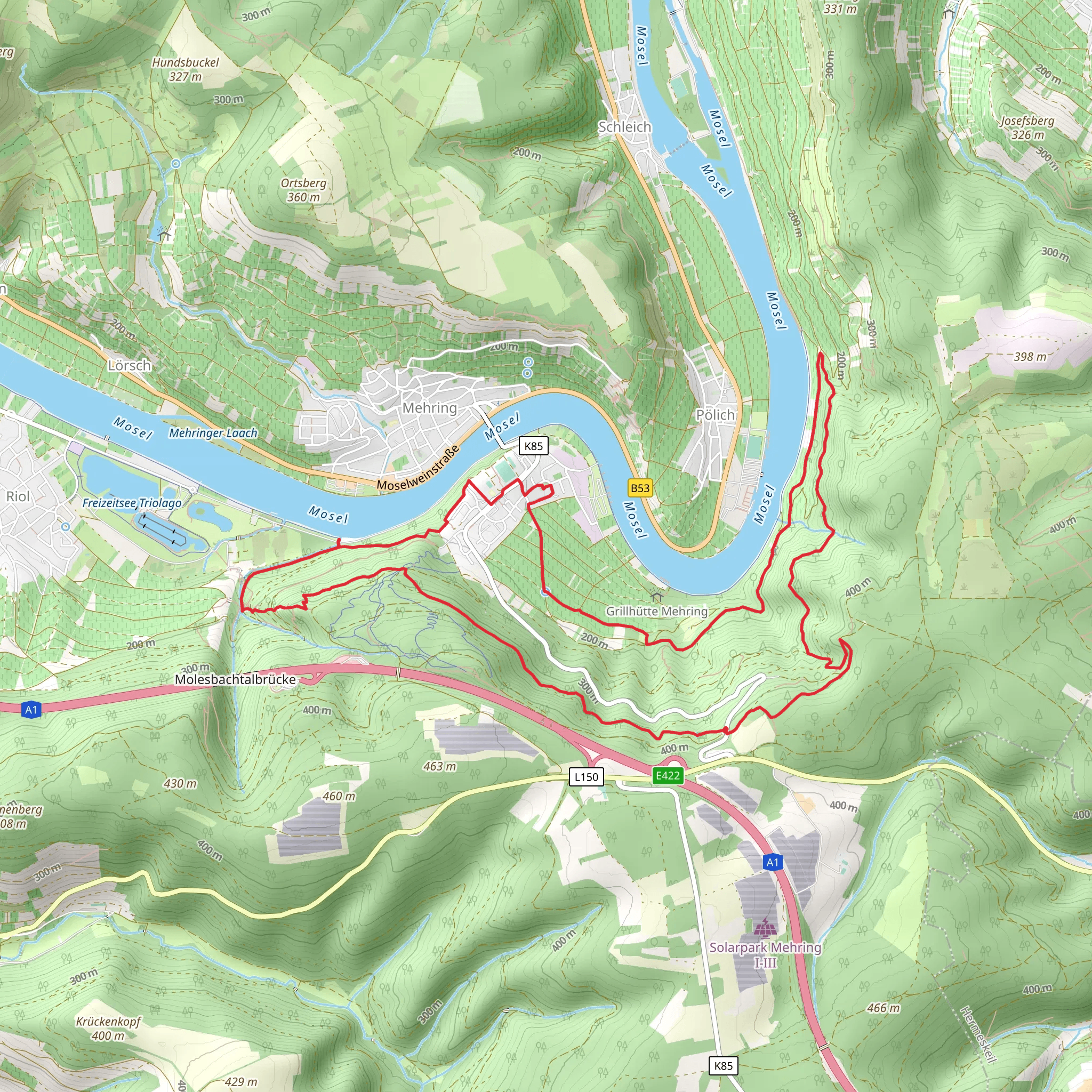 Wassertretbecken Mehring and Aussichtspunkt Felsenkreuzkanzet via Moselsteig mobile static map