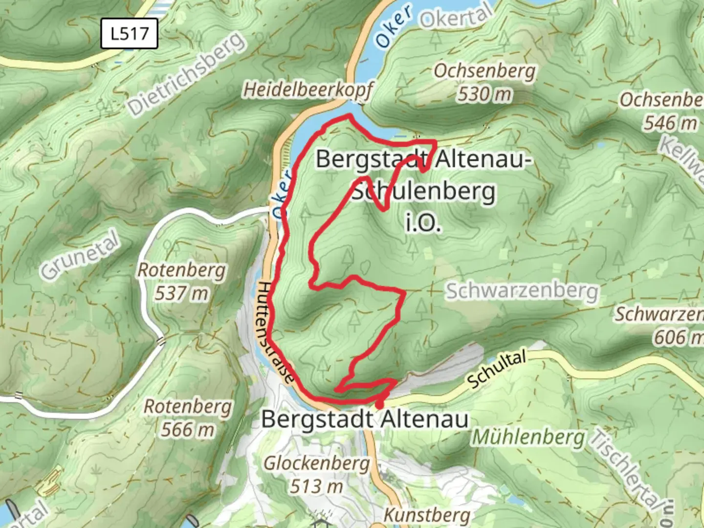 An image depicting the trail Schwarzen Berg Loop - Altenau and its surrounding area.