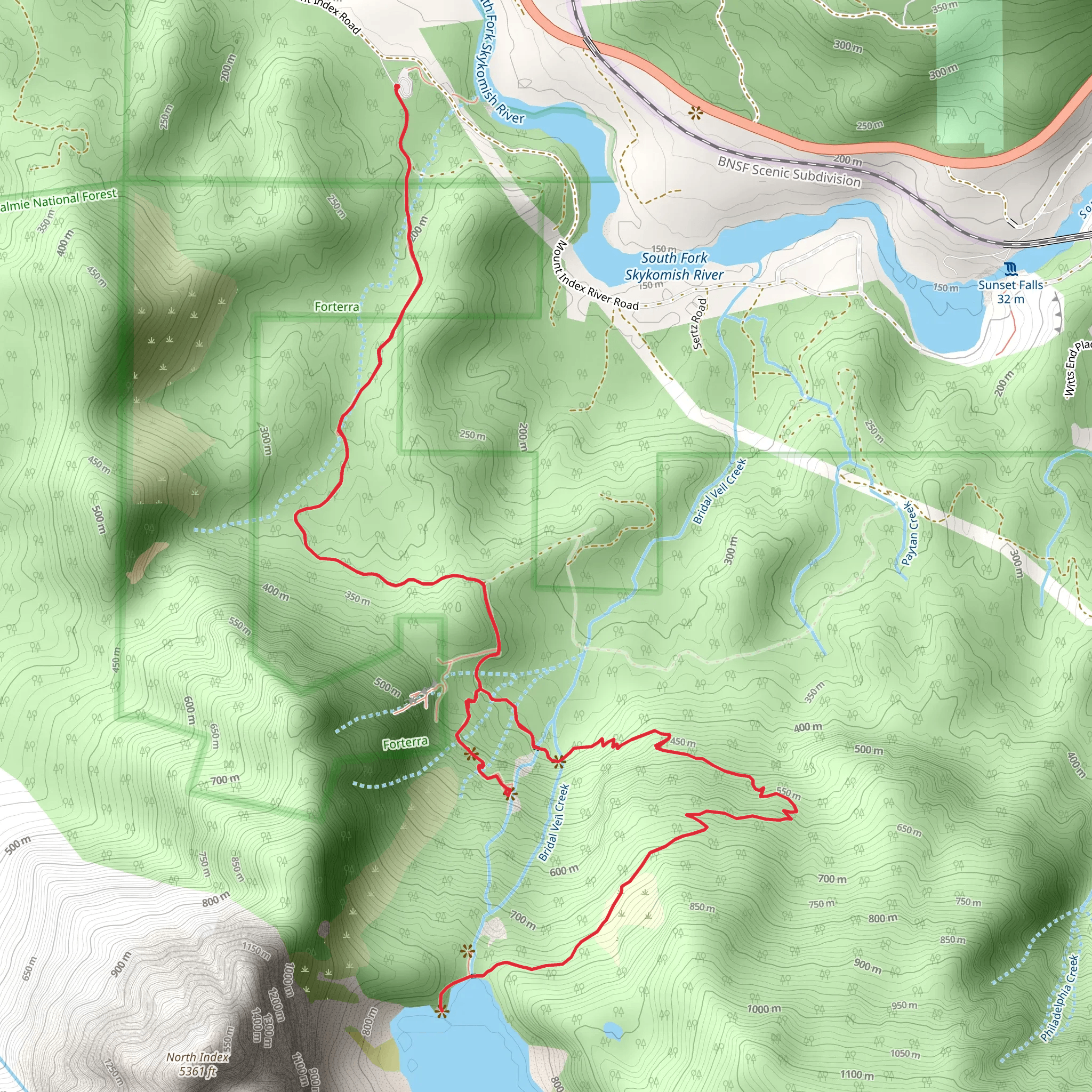 Lake Serene and Bridal Veil Falls Trail mobile static map