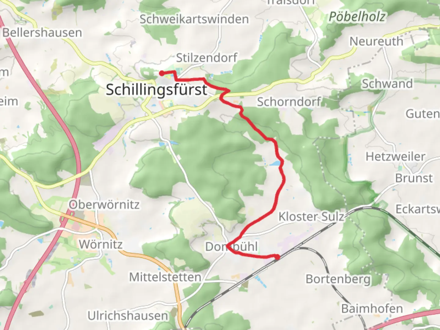 An image depicting the trail Schillingsfürst to Dombühl via Romea and its surrounding area.