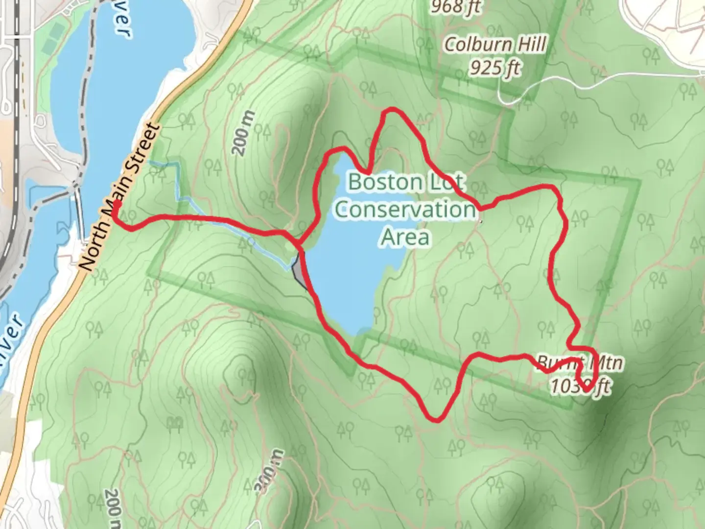 An image depicting the trail Boston Lot Lake and Burnt Mtn Loop via Southside and its surrounding area.