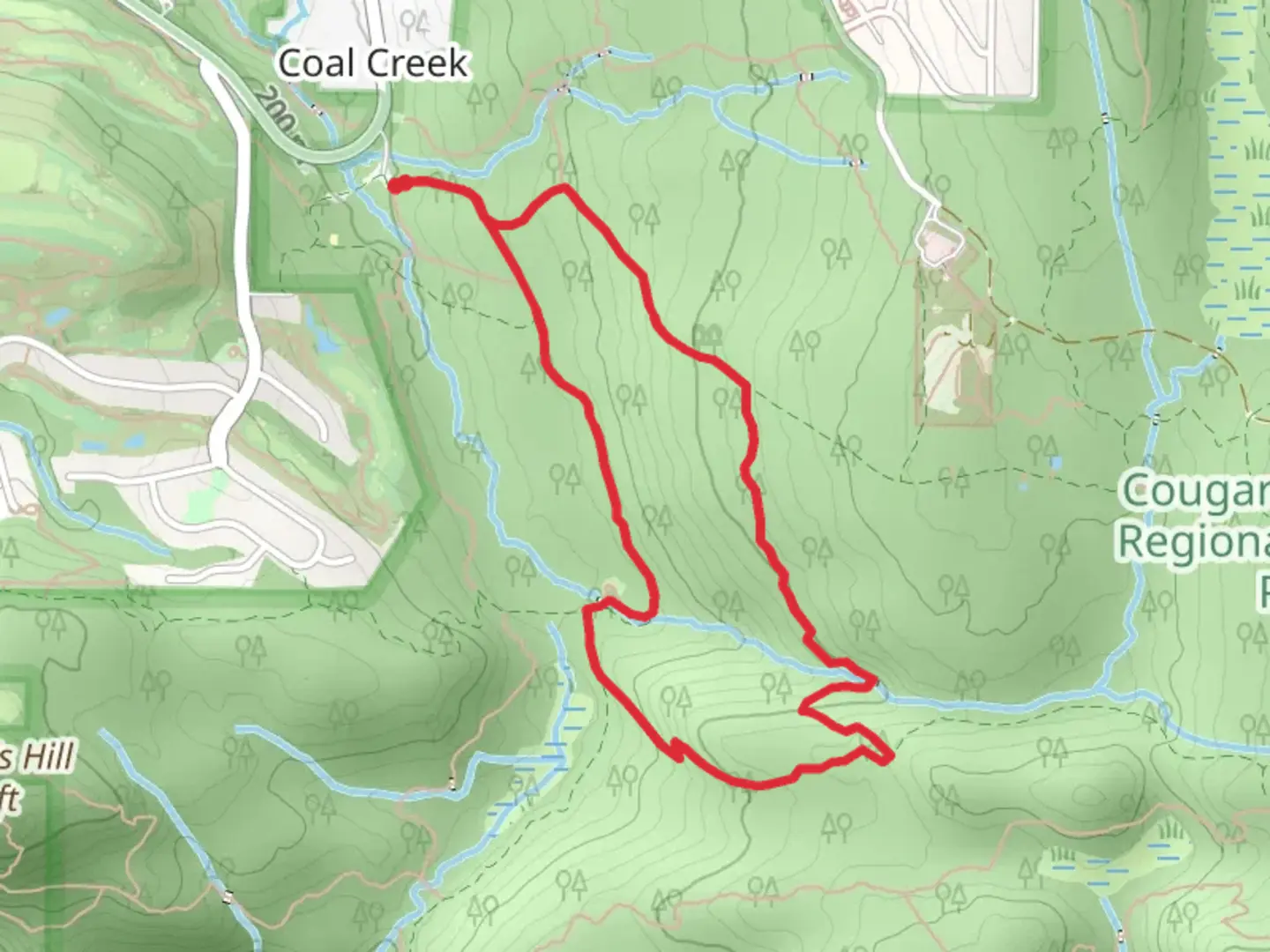 An image depicting the trail Quarry Trail and Coal Creek Falls Trail and its surrounding area.