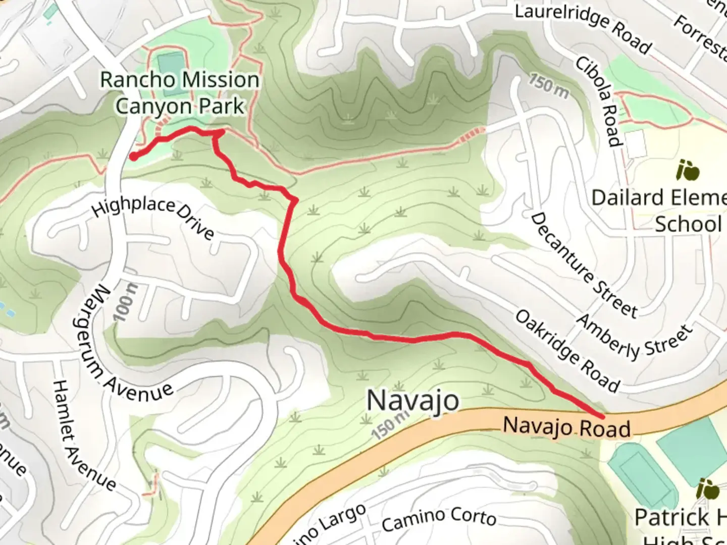 An image depicting the trail Navajo - Rancho Mission Path and its surrounding area.