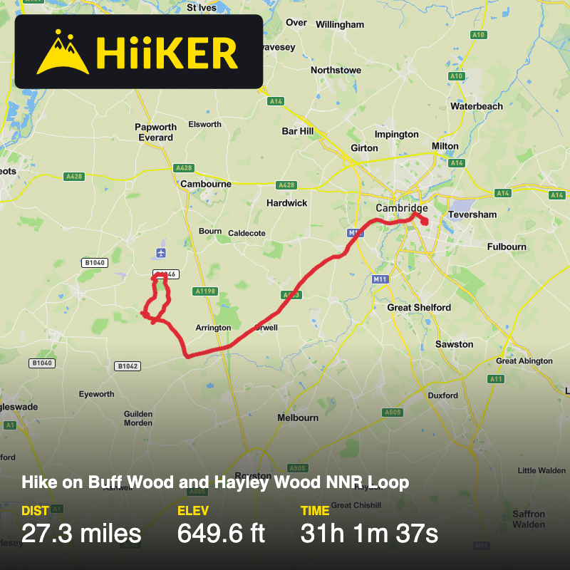 A map preview of the recording Hike on Buff Wood and Hayley Wood NNR Loop.