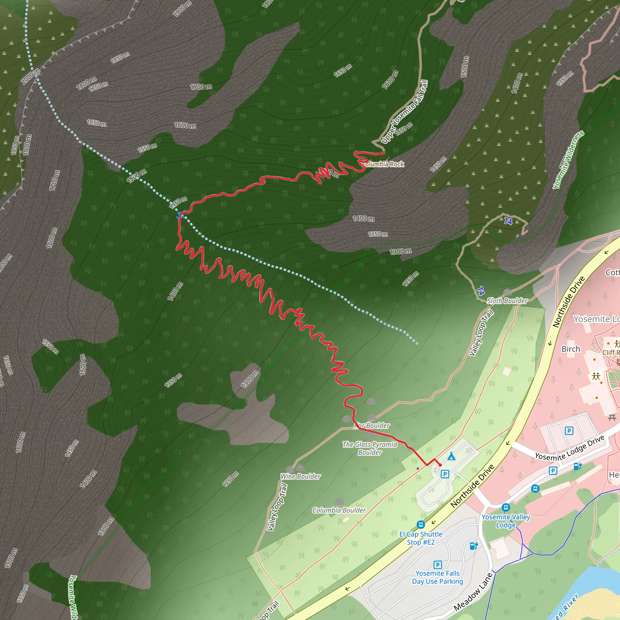 Columbia Rock via Upper Yosemite Fall Trail mobile static map