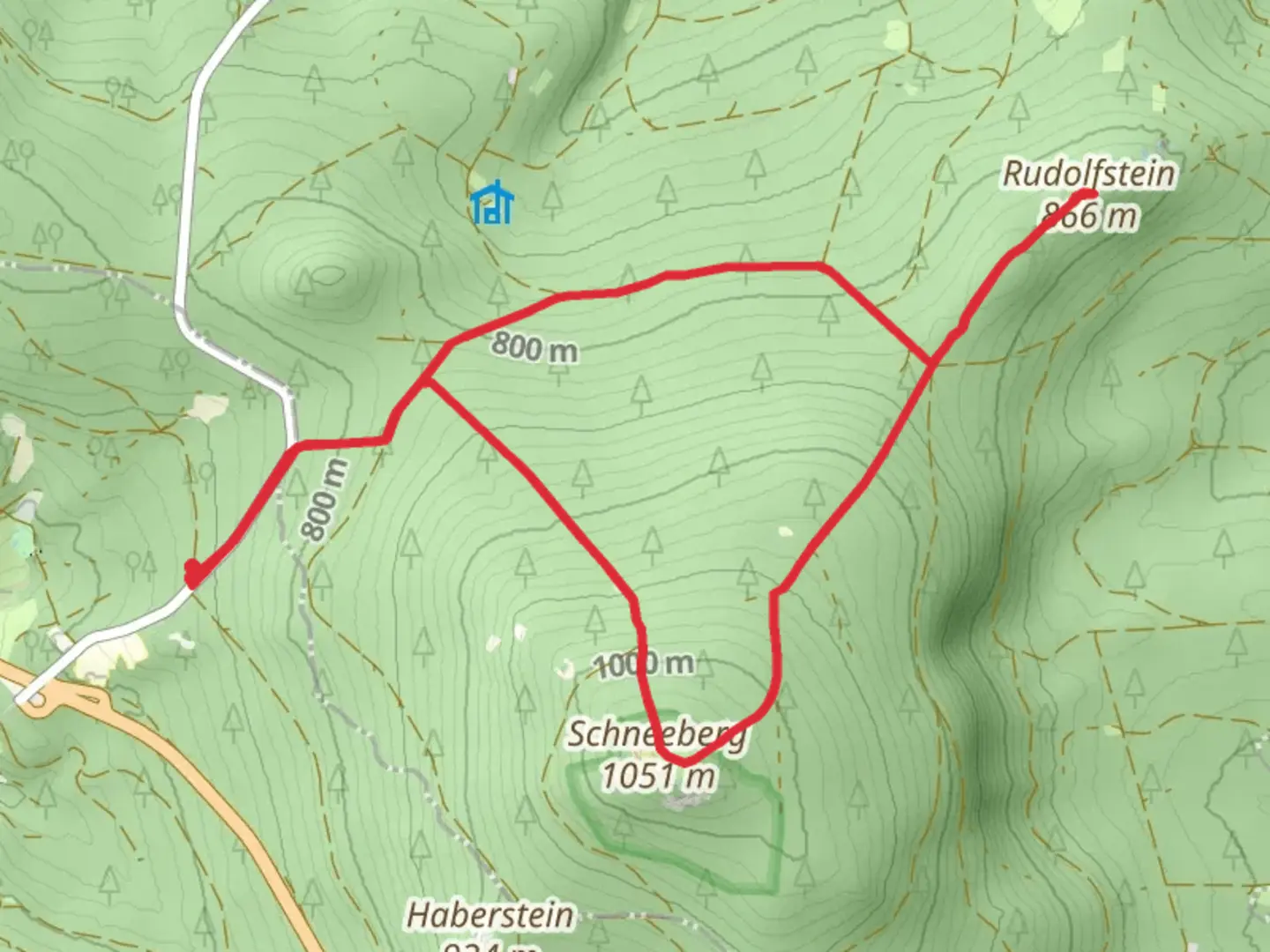 An image depicting the trail Rudolfstein and Backoefele Loop via Stellweg and its surrounding area.
