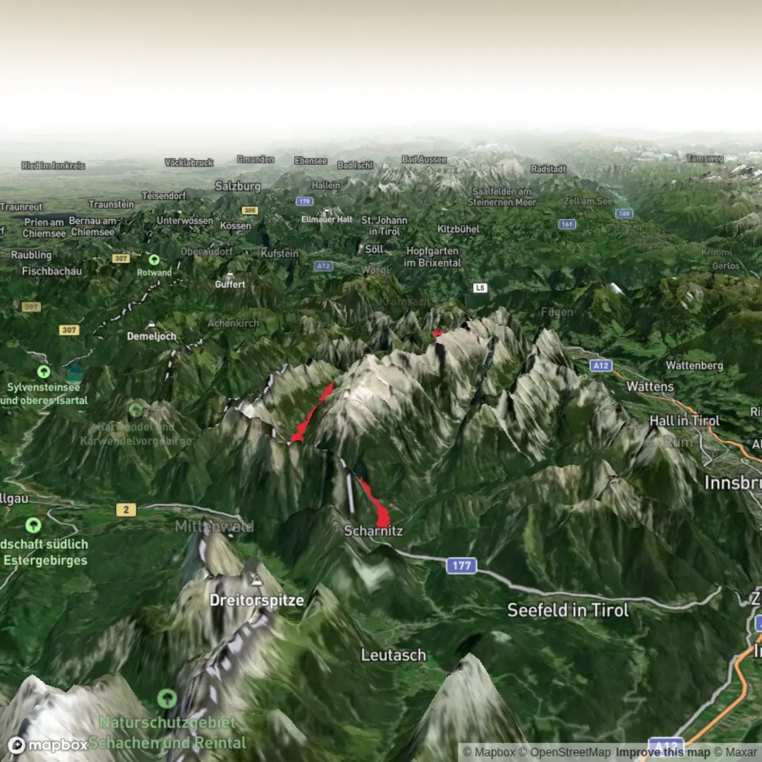 An image depicting the trail Hike from Scharnitz, karwendelhaus hut, Die eng and Pertisau and its surrounding area.