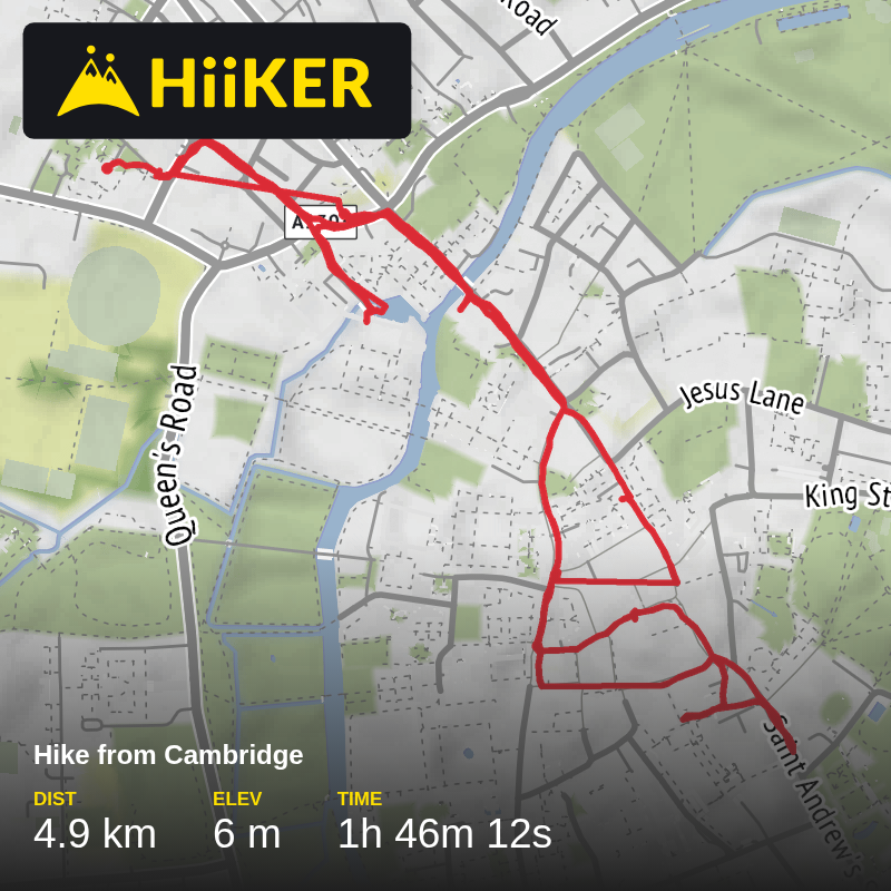 A map preview of the recording Hike from Cambridge.