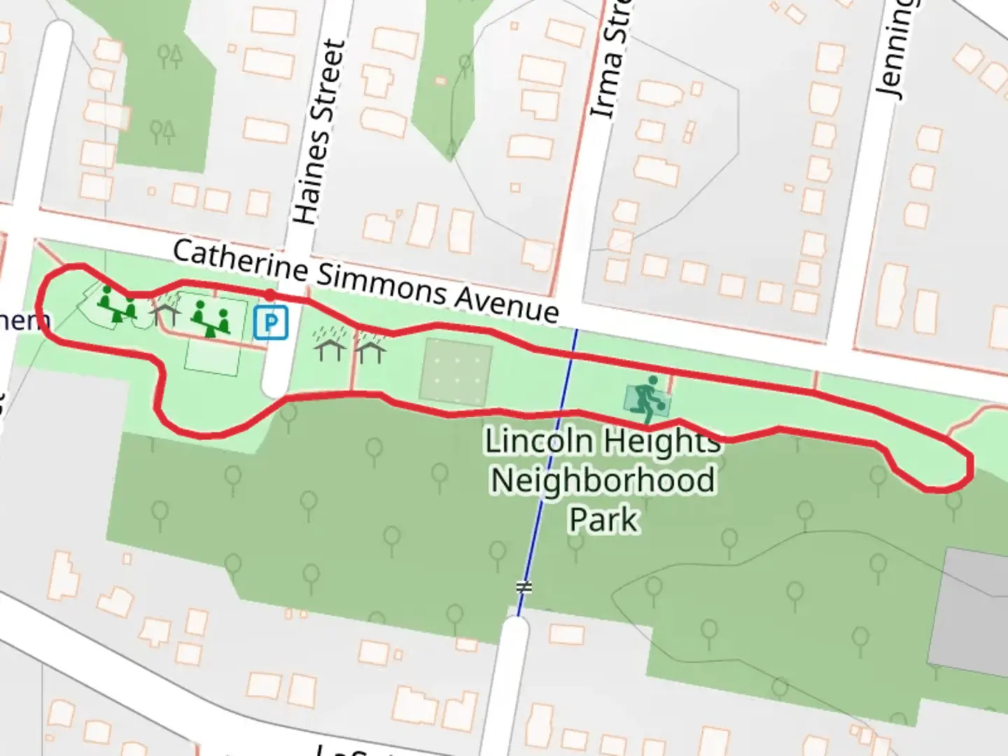 An image depicting the trail Lincoln Heights Neighborhood Park Loop and its surrounding area.