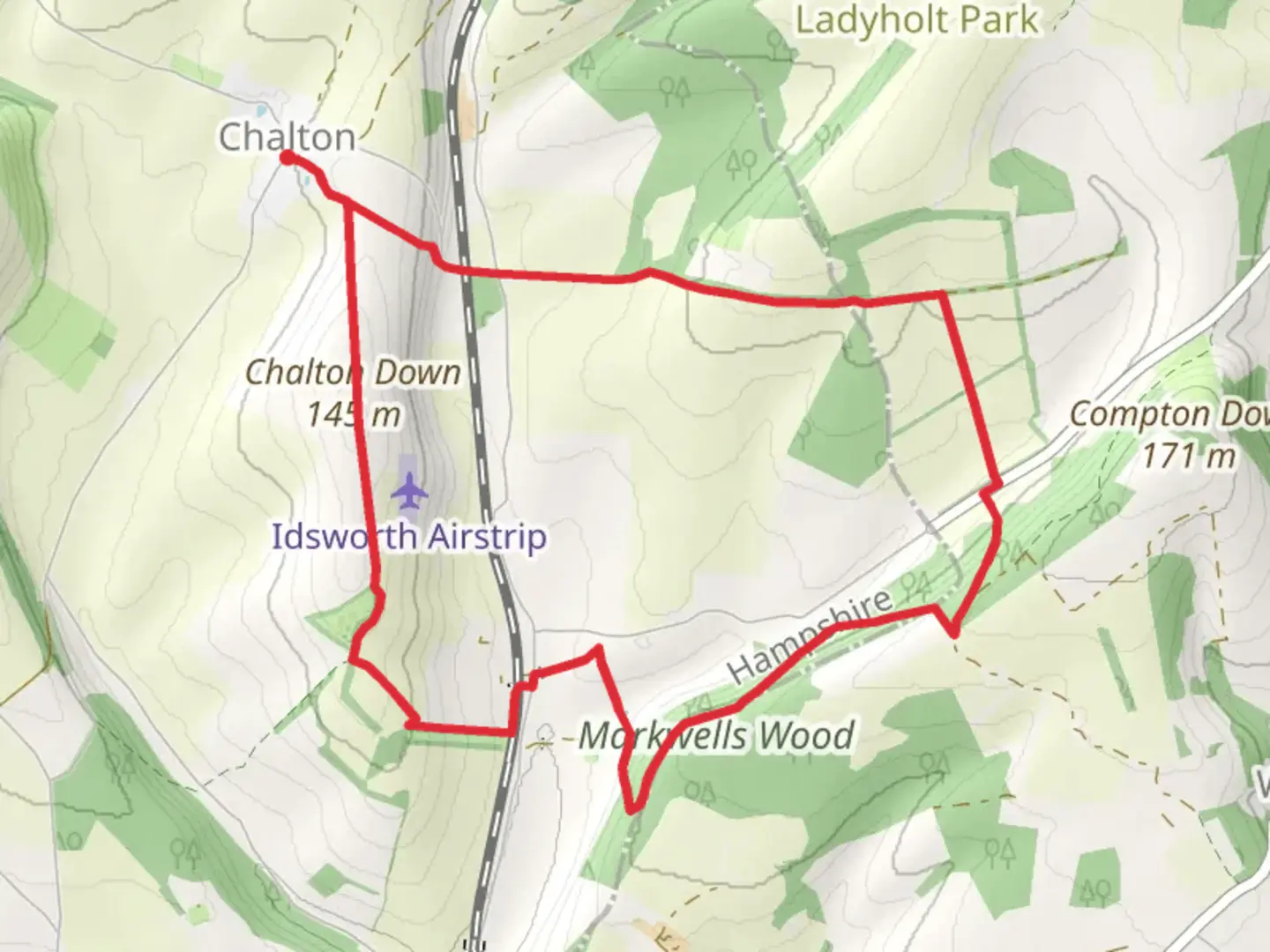 An image depicting the trail Chalton to Idsworth Loop and its surrounding area.